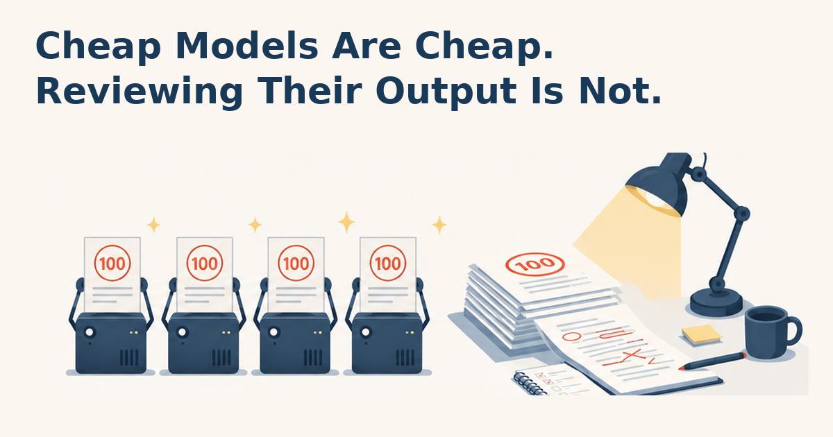 Title card reading Cheap Models Are Cheap. Reviewing Their Output Is Not.