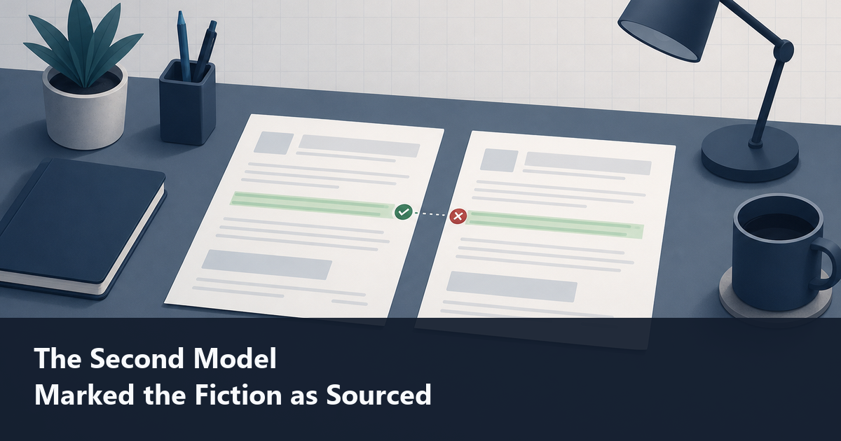 Two documents compared on a desk; one line shows a green check and a red mismatch together, with the title The Second Model Marked the Fiction as Sourced