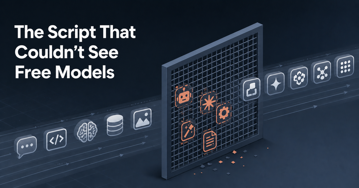 A grid-like filter blocks pale free-model icons while similar icons pass through, with the title The Script That Couldn't See Free Models