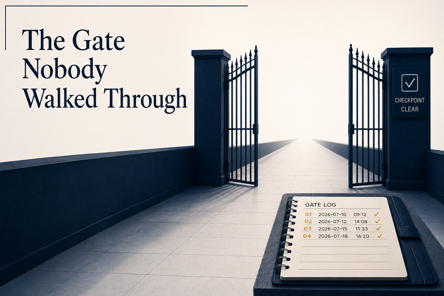An open checkpoint gate with an empty walkway, and a log book showing four unchanged entries